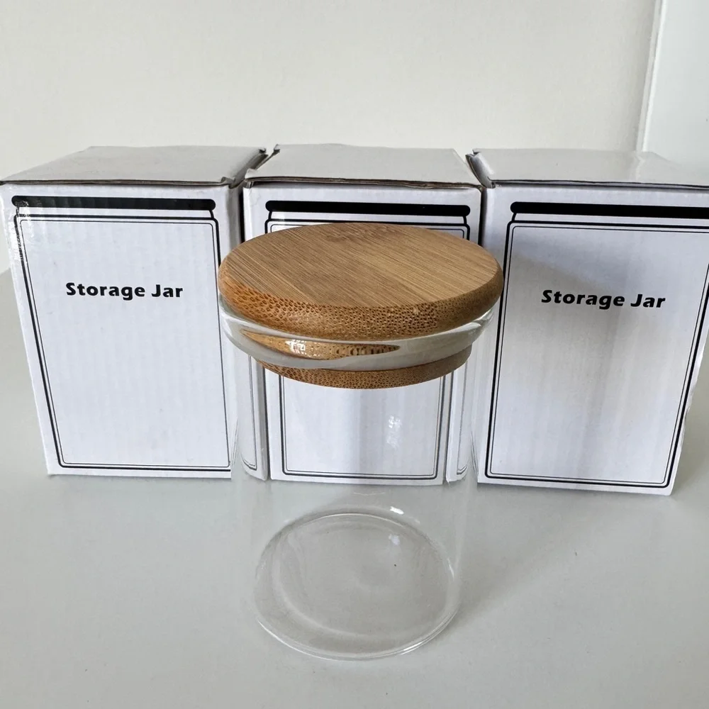 3Pc Glass Storage Jar with Bamboo Lid 8oz Empty Round Spice Storage Containers